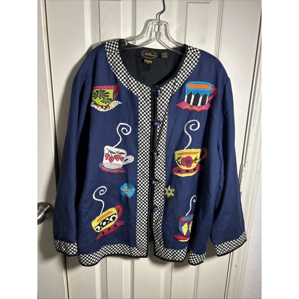 80s Wearable Art Blazer Jacket Women's 1X Embroidery Tea Colorful Festive Boho